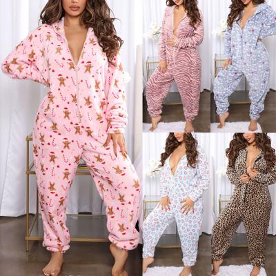 China 2021 Viable Autumn Winter Wear Christmas Onesie Pajamas For Women Christmas Sleepwear Print Hoodies Cute One Piece Overalls for sale