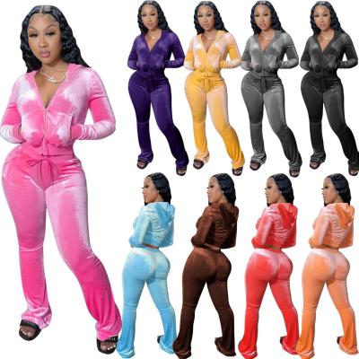 China Anti-pilling 2021 Women Fall Winter Clothing Solid Long Sleeve Jogger Velvet Zipper Sweatsuit Top Velvet Two Pieces Flared Panty Set for sale