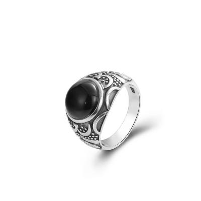 China Fashion Vintage Round Black Agate Stone 925 Sterling Silver Gemstone Ring Men for sale