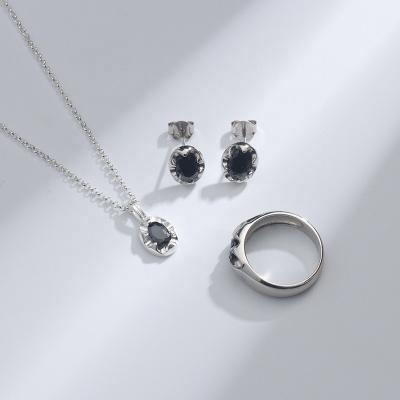 China 2022 New Romantic Women's Jewelry 925 Sterling Silver Simple Oval Black Zircon Stone Jewelry Set For Bridal Party for sale