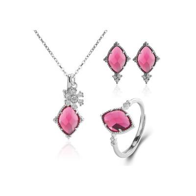 China Romantic Elegant Geometric Rhombus Ruby Crystal 925 Sterling Silver Bridal Wedding Jewelry Set for sale