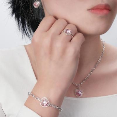 China Girls Ring Jewelry Sets For Women Silver Pink Luxury Romantic CZ Heart CZ Necklace Bracelet Earring Birthday Gift Jewelry for sale