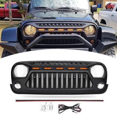 China Luxury Grill For Jeep Wrangler JK Matte Black Angry Face Grill 2007-2018 Accessories With 5 Amber Lights For Jeep Rubicon Sahara Sport for sale