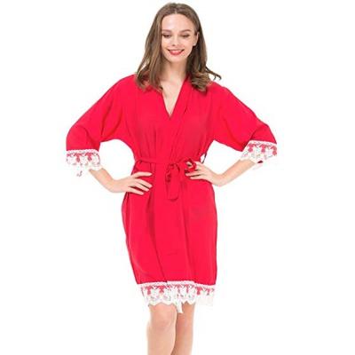 China Breathable Women's Cotton Kimono Robe Nightgown For Bride And Bridesmaids With Lace Trim for sale