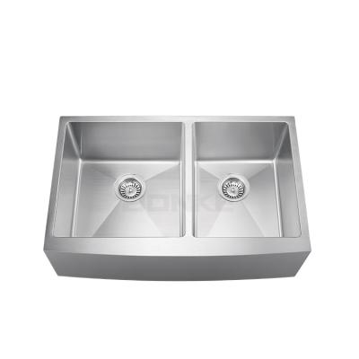 China Without Faucet Bonke Series 33 Inch R-FHD-L Handcraft 304 Stainless Steel Offset Round Corner Double Bowl Apron Sink for sale