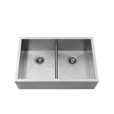 China Faucetless 33 Inch Front Stainless Steel Kitchen Double Deck Equal Bowl Farmhouse Sink With Floor Coating And Pads for sale