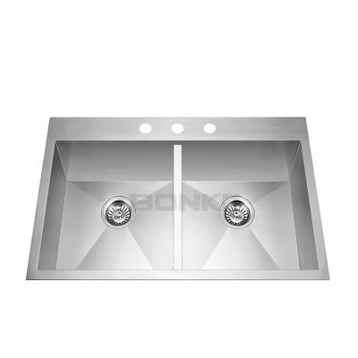 China Without Faucet 33 Inch Double Equal Basin Stainless Steel Handmade Kitchen Sink With 1.5mm Thickness 16-18 Gauge for sale