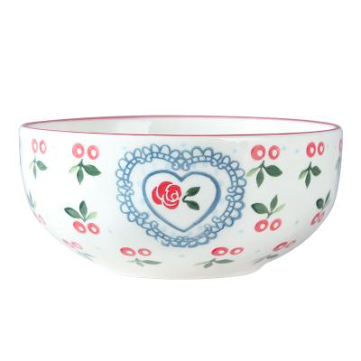 China Creative Disposable Hand Paint Ceramic Salad Bowl Blue Inside Noodle Bowl for sale