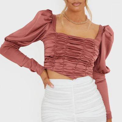 China 2021 Summer Wholesale Anti-wrinkle Satin Puff Long Sleeve Cropped Blouse For Women for sale