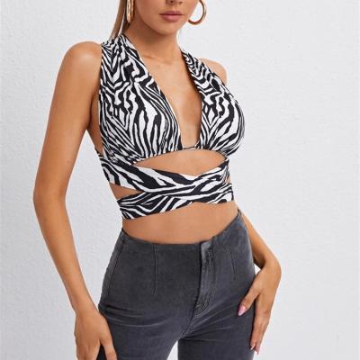 China Custom Women QUICK DRY Front Crisscross Tie Back Zebra Cut Sexy Striped Halter Crop Top for sale