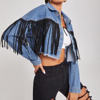 China 2021 Winter Stylish Trim Fringe Long Tassel Sleeve Denim Jacket Anti-Wrinkle For Women for sale