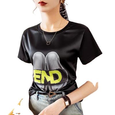 China QUICK DRY silk textile casual soft short sleeve women's T-shirt round neck printed summer top high-end custom for sale