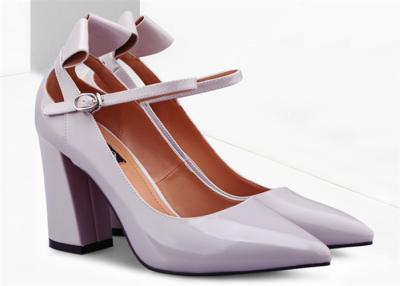 China Beautiful Chunky Heel Pointed Toe Pumps , Patent Leather Pumps With Ankle Strap for sale