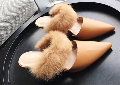 China Khaki Dressy Low Heel Mules , High End Fur Strap Suede Slip On Mule Heels for sale