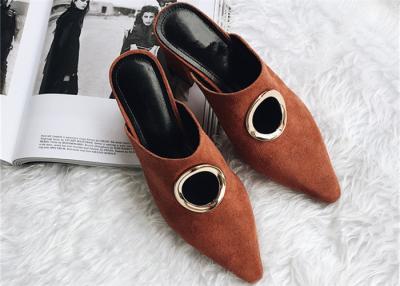 China Brown Chunky Heel Mules , Suede High Heel Mules With O Shape Hollow Metal Buckle for sale