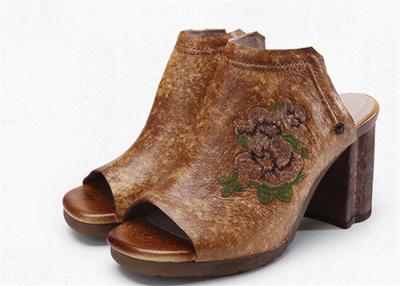 China Brown Open Toe Clogs Mules , Leather High Heel Clogs With Embroidery Pattern for sale