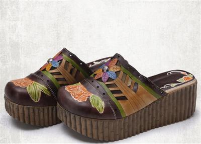 China High Platform Slip On Sandals , Leather Slide Sandals Artistic Pattern Painted / Carved for sale