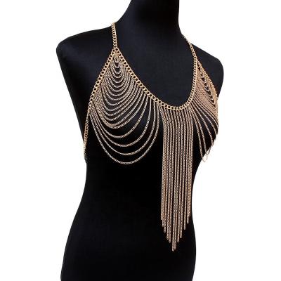 China Rhinestone chain ladies fashion sexy tassel metal body chain simple multilayer bikini necklace chest chain for sale