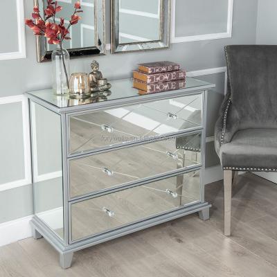 China Modern 3 Drawers Silver Glass Mirrored Furniture Living Room Mirrored Dresser Furniture Home Cabinet for sale