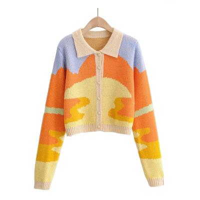 China New Button Short Cardigan Breathable Lapel Oil Painting Lapel Embroidered Sweater Knitting Color Matching Coat For Women for sale