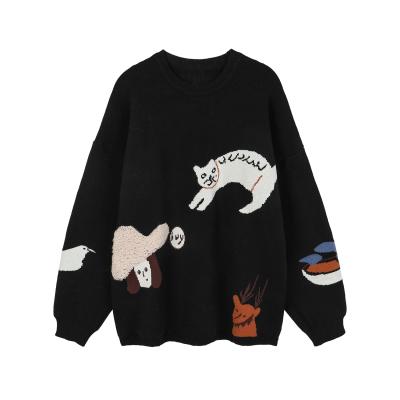 China Anti Pilling Christmas Knitting Women Black Cute Animals Round Neck Sweater Pullover Designer for sale