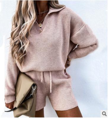 China Comfortable Breathable Autumn Solid Color Shorts Long Sleeve Top Women Two Piece Knit Sweater Set for sale