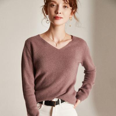 China New Breathable High Quality Casual Basic Solid Pullover V Neck Cashmere Sweater Women Knitted Sweater for sale