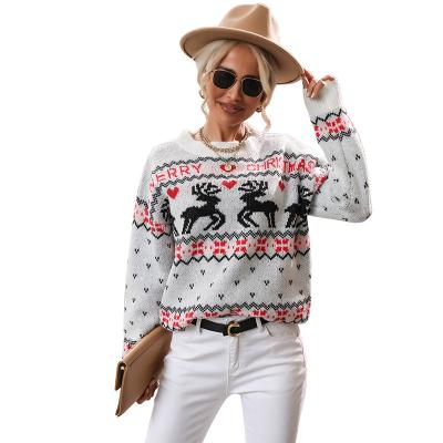 China 2021 Breathable European And American Style Christmas Deer Print Women Custom Pullover Knitted Christmas Sweater for sale