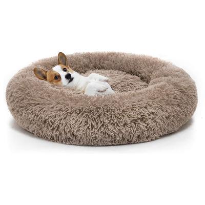 China Comfortable Pink Gray White Round Donut Style Cat Dog Bed Cord Plush Pet Bed Breathable Removable Soft Luxury Plush Cushion Long Pet Bed for sale