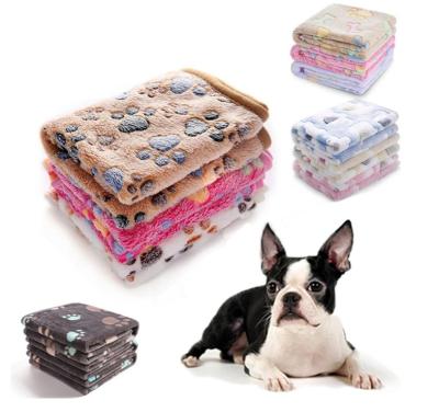 China Custom Made Breathable Warm Thickened Fluffy Premium Dog Covers Coral Velvet Flannel Fleece Puppy Pet Bed Mat Pad Blanket With Cute Paw Prints for sale