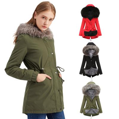 China Warm Anti-wrinkle Plus Fleece Coat Fur Collar Padded Coat Hood Women Ladies Winter Coats Mid Length for sale