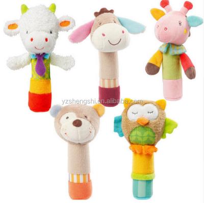 China OEM Baby Giraffe Dog Owl Lion Band Rattle Toy Infant Animal Gift/Stick Stuffed Plush Rattle Toys for sale