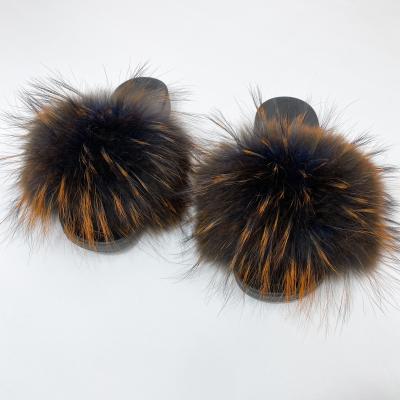 China Fashion Trend Summer Furry Flats Soft Ladies Shoes Fluffy Plush Slides For Raccoon Fur Slippers for sale