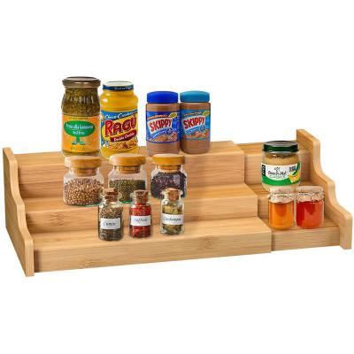 China Expandable 3 Layer Kitchen Spice Rack Acacia Wooden Rack Expandable Seasoning Bottle Display Storage Rack for sale