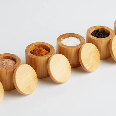 China Sustainable Bamboo Seasonings Box With Mini Spoon Salt Container Wood Pepper Storage Box Spice Cellars For Kitchen for sale