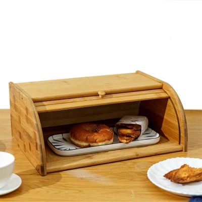 China Wholesale Modern Large Double Layers Bread Box For Kitchen Countertop Large Capacity Bread Food Bamboo Wooden Storage Bin for sale