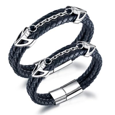 China Sustainable Fashion Retro Men's Magnetic Leather Bracelet Double-Layer Buckle Braided Leather Bracelet for sale