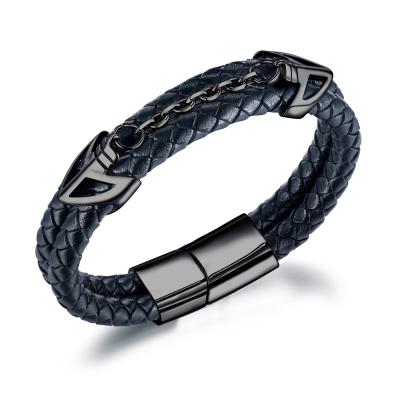 China Sustainable Fashion Retro Men's Magnetic Leather Bracelet Double-Layer Buckle Braided Leather Bracelet for sale