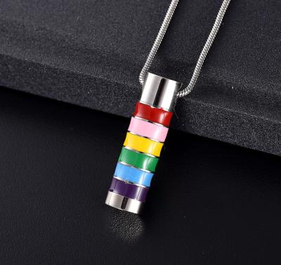 China CLASSIC Rainbow Cylinder Tube Cremation Jewelry For Ashes Holder Urns Stainless Steel Memorial Pendant Necklace For Men/Women for sale