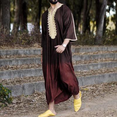 China Muslim Men's Long Robe Chilaba Polyethersulfone Muslim Men's Long Robe Print Islamic Traditional Patchwork Stripe Abaya Casual Clothing Shirts for sale