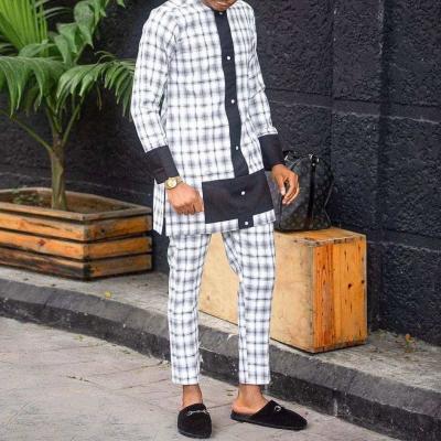 China Polyester Traditional Africa Men's Pant Set Stand Collar White/Black Tops+Trousers Plus Size African Groom Suit Native Wear Dress Dress for sale