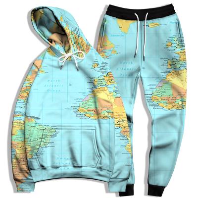 China 2021 QUICK DRY autumn and winter wholesale map printing couples the same style sweater hooded casual pants fashion two-piece hoodie for sale