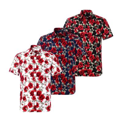 China 2022 Breathable Hot Summer Printing Hawaiian Short Sleeve Shirt Rose Flower Print Button Down Beach Party Clothing For Men's Shirt for sale