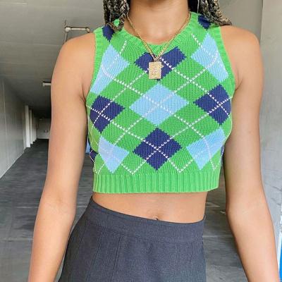 China Fashion Breathable Knit Sweater Invest Upper Tight V-neck Argyle Sweater Vests For Women Sleeveless Casual Retro Crop for sale