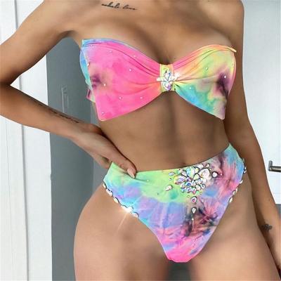 China Plus Size Tie Dye Diamond Bikini Rhinestone Bikini Connectors Beach Wear Strapless Two Piece Bikini for sale