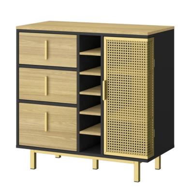 China Storage Bette Home Light Luxury Golden Metal Mesh Cabinet Door Metal Rattan Mesh Cabinet Sideboard Wine cabinet with 1 Door 3 Drawers for sale