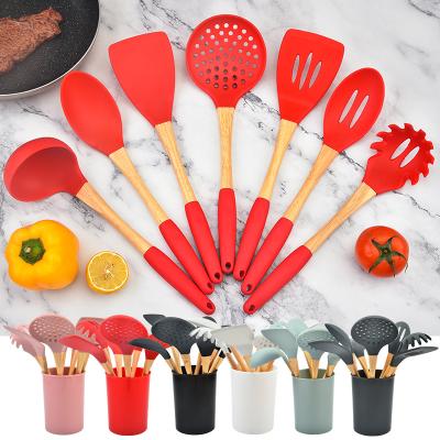 China RAYBIN Stocked 7 Piece Wooden Handle Silicone Cookware Cookware Set With Kitchen Utensil Holder for sale