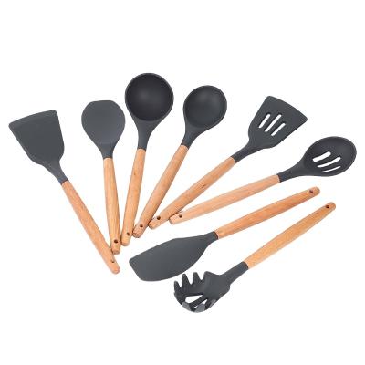 China Viable Chinese Supplier Hot Selling Food Grade Silicone Kitchen Cookware Set With Beech Wood Handle for sale