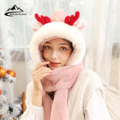 China Long GOLOVEJOY DMZ71 Wholesale Cute Warm Thick Plush Antler Christmas Gifts Deer Horn 3 Pieces Scarf Gloves And Winter Hat Set for sale