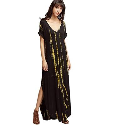 China Plus Size Women's Maxi Short Sleeve Split Tie Dress 2021 Casual Boho Dye Long With Pockets for sale